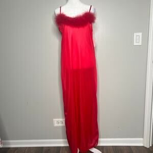 Vintage Red Lingerie Long Nightgown Feather Trim Size Small Side Slit Sexy USA
